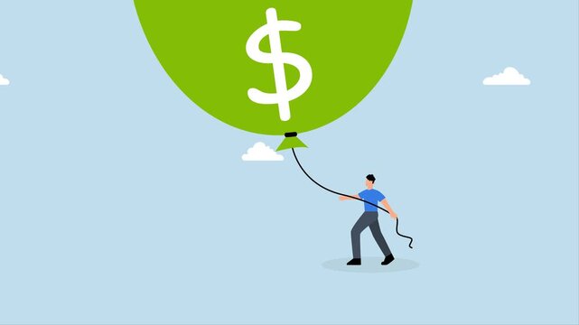 4k animation of Businessman Federal Reserve or government attempting to deflate large inflation balloon