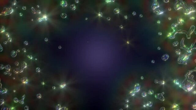 Shining liquid droplets and glowing light flares dancing across a dark purple abstract background frame