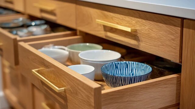 Side-angle close-up of wooden kitchen cabinets with open drawers, modern handles, smooth wood grain, soft natural light, kitchenware and storage neatly displayed inside drawers
