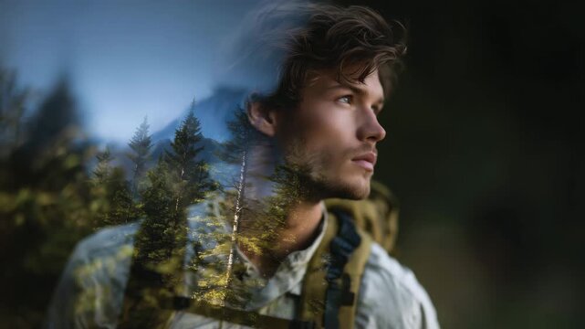 Side-profile close-up of a man hiking merged with dense forest and tree branches, soft natural lighting, layered textures of leaves and bark, adventure and outdoors lifestyle compo