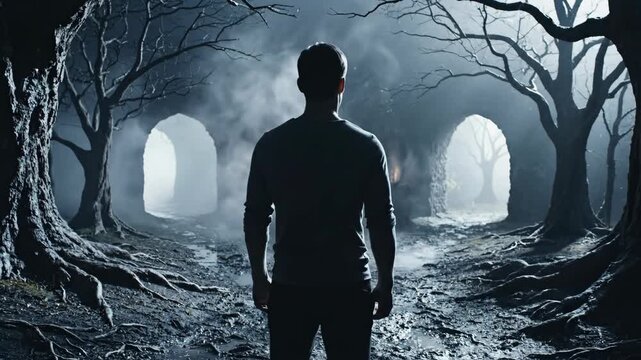 Man choosing a path in a dark mysterious forest