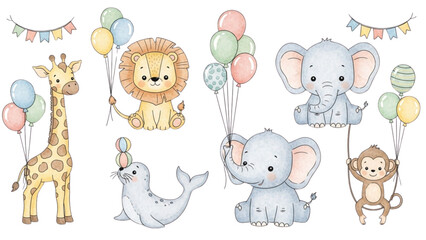 A colorful illustration of animals, including a giraffe, lion, seal, elephant, monkey, and another elephant, holding balloons and hanging from a banner. © Stock Image Paradise