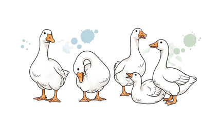 Four white geese and one gosling interact playfully outdoors © Stock Image Paradise