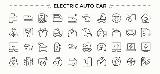 Electric Car line icon set. Transportation icon set. Featuring transport, electric, renewable, hybrid, electrical, transportation, auto and more. Editable stroke. Vector illustration.