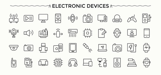 Electronic Devices icon set. Modern icons collection. Equipment linear icon set. Includes thin line symbols smart device, electronic, device, technology, tech, equipment, digital device and more.