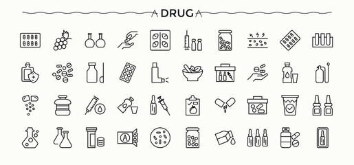 Drug icon set. Minimal icons set. Healthcare icon set. Pack of vitamin, pill, dose, pharmaceutical, treatment, care, medicine and more.