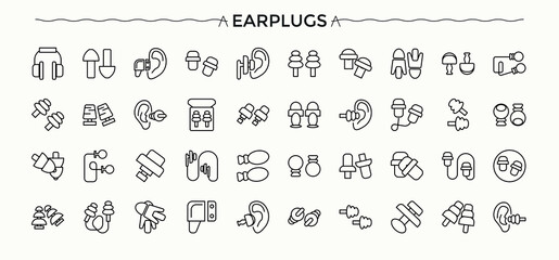 Earplugs icons set outline vector. Anti care device. Ear plug protection. Outline icon collection. Editable stroke.