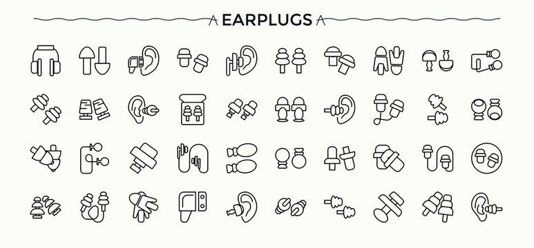 Earplugs icons set outline vector. Anti care device. Ear plug protection. Outline icon collection. Editable stroke.
