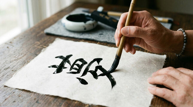 Close-up of a person practicing traditional Japanese calligraphy with an ink brush on textured paper.