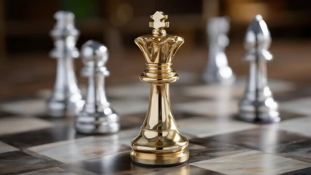 Top-down view of gold and silver chess pieces on a competition board, golden king leading, coordinated silver pieces, metallic reflections, metaphor for leadership, victory, and bu