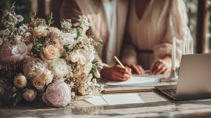 couple planning wedding together at table, newlywed couple organizing invitations and floral arrangements with laptop, elegant wedding preparation and event planning concept