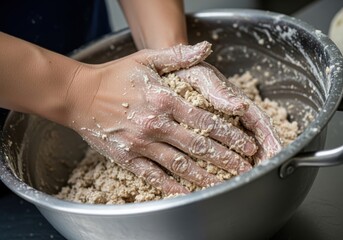 Fototapeta premium Hands covered in dough mixing in a large metal bowl for baking