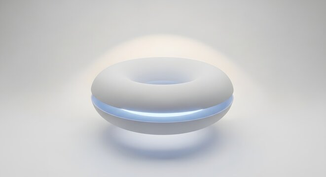 Minimalist white toroidal lamp with glowing blue light inside, emitting soft light.