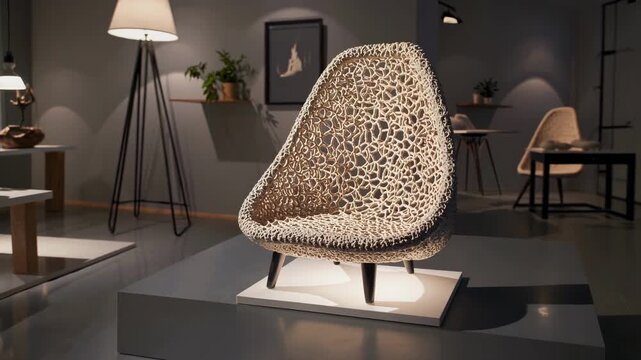 Stylish Living Space Centerpiece. Contemporary Woven Chair With Artistic Design. Elegant Handcrafted Rattan Lounge Chair Displayed Amidst Warm Ambient Lighting And Decorative Accessories