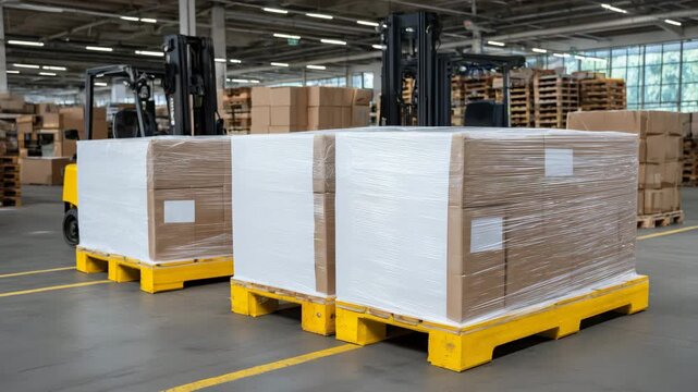 Wide-angle view of furniture boxes wrapped in white protective plastic, stacked on pallets across a distribution warehouse floor, bright clean environment, efficient storage and sh