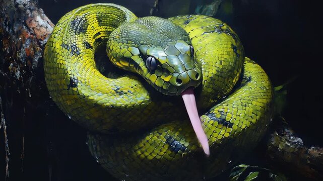 selective focus green anaconda coiled on tree branch in amazon basin