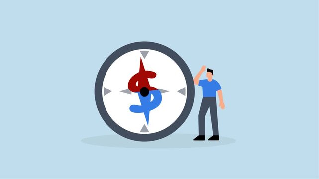 Economic direction or investment trend, 4k animation of Businessman investor examining compass pointing towards dollar sign direction