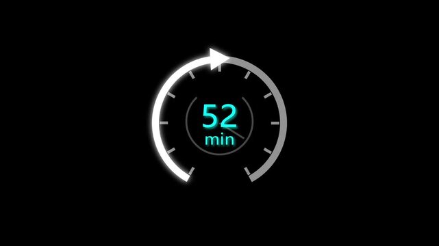 52 Min clock icon animation. 52 minute animation on black background and creating a stunning 4k video.