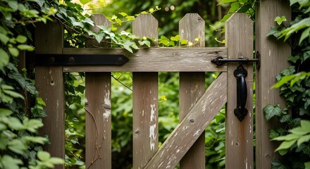 Fototapeta premium Old wooden garden gate overgrown with ivy surrounded by lush green foliage