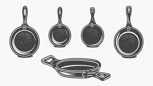 Monochrome illustration of various cast-iron frying pans in different positions