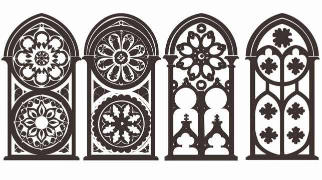Four dark, decorative arched window frame designs with floral and circular details, on white