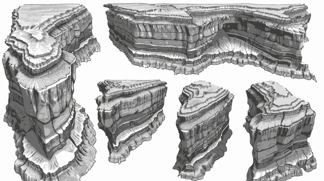 Digital drawing of grey layered rock formations, similar to mesas or canyon walls