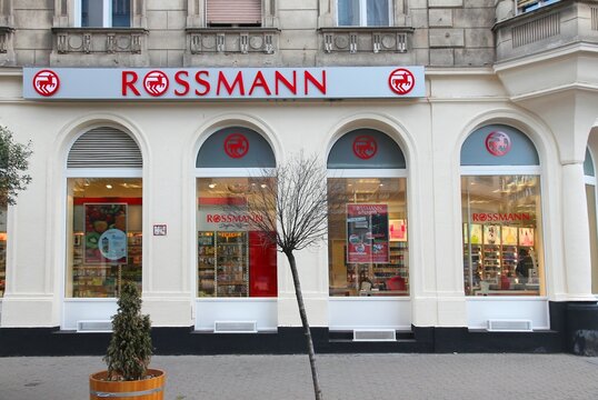 BUDAPEST, HUNGARY - JUNE 21, 2014: Street view of Rossmann cosmetics store in Budapest city, Hungary.
