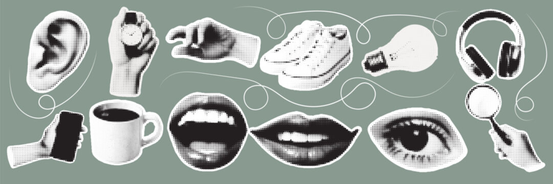 Halftone pop art dot ear hand pointing finger shoe light bulb headphones magnifier mirror eye lips cup phone objects set vector illustration
