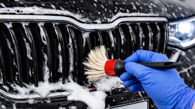 Car detailing process, cleaning radiator grille with soft brush and active foam soap.


