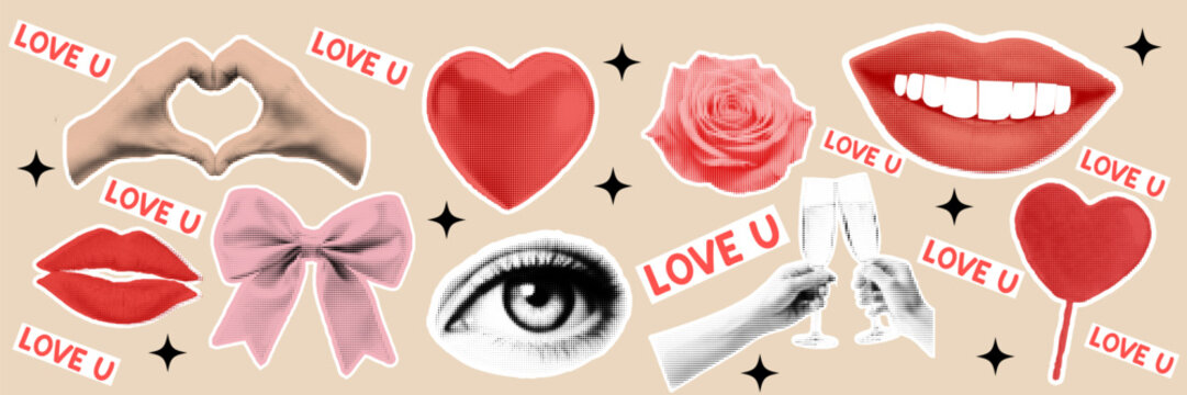 Halftone pop art dot heart lips rose bow eye hands heart shape wine glass love text romantic elements vector illustration