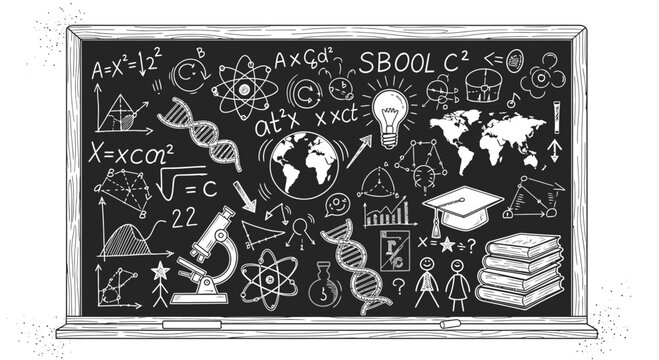 blackboard with educational icons and formulas