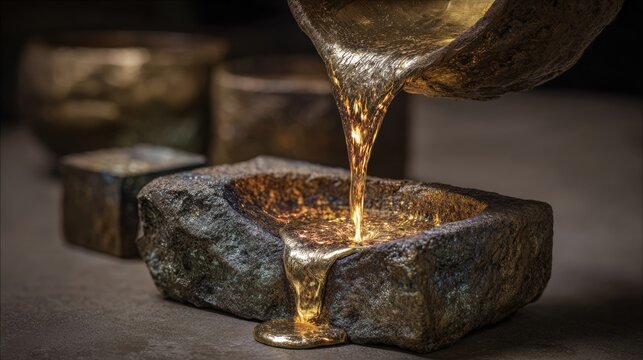 Molten gold pouring into a rough stone mold metal liquid material precious