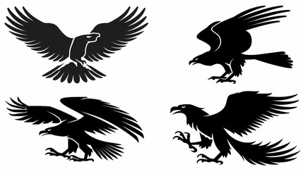 Fototapeta premium Four stylized black eagles in various flight poses against a white background