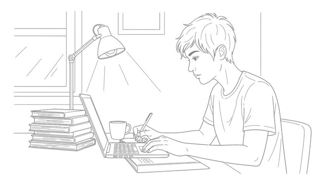boy studying on laptop at desk with books