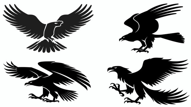 Four stylized black eagles in various flight poses against a white background