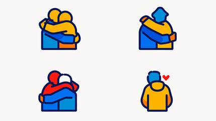 Fototapeta premium Diverse hugging figures are set against a white backdrop in a flat cartoon style