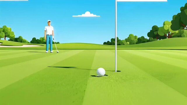 Golf player swinging on green course.