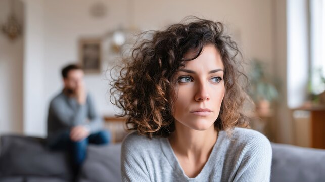 Upset young woman sitting at home feeling ignored and emotionally distant in relationship. Couple experiencing silent conflict, man in background avoiding conversation, domestic tension and loneliness