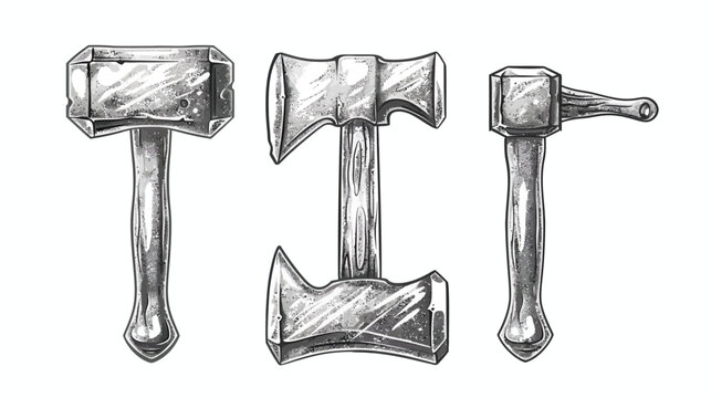 Three different style metal hammers and axes in black and white ink on a white background