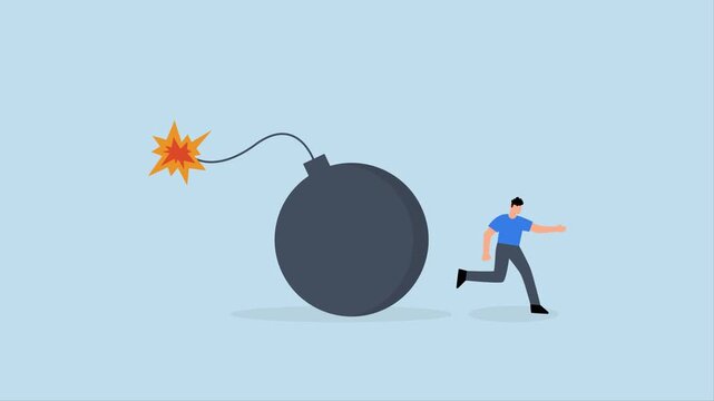 interest rate causing economic recession, 4k animation of Businessman investor fleeing from exploding growth rate bomb