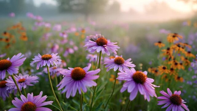 Purple coneflowers and yellow daisies blooming in misty morning meadow