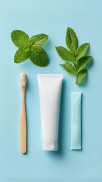 Eco friendly bamboo toothbrush with white toothpaste tube and fresh mint