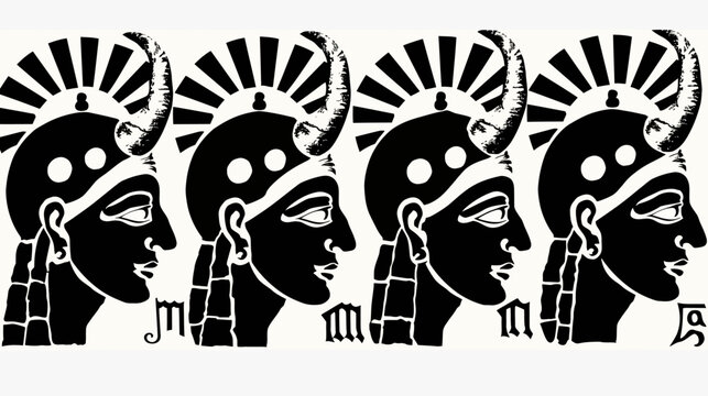 Four black-and-white heads in profile, adorned with horns and segmented neck decorations