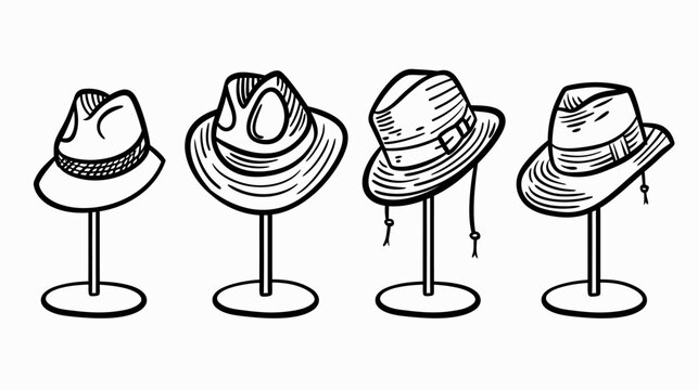 Graphic illustration of four fedora hats on display stands, outlined in black