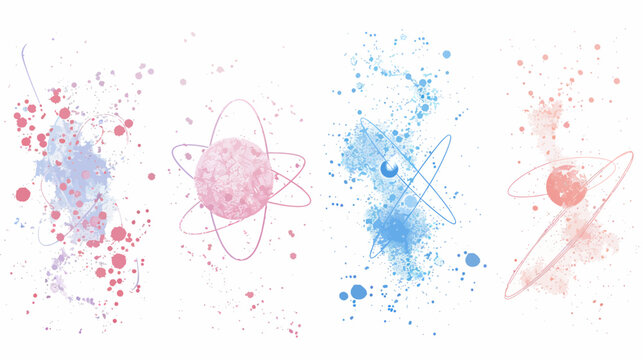 Watercolor atom illustrations splatters and rings on white. Pale blues & pinks
