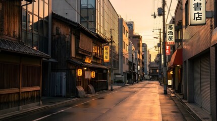 Fototapeta premium A quiet street in a Japanese town at sunrise or sunset, featuring traditional wooden buildings and modern structures under a golden sky.