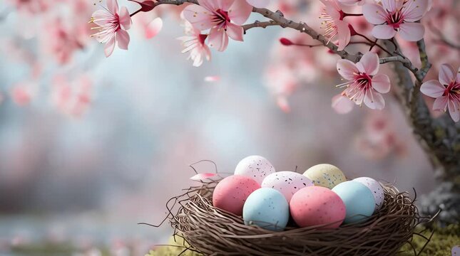 pastel-colored Easter eggs nestled in a bird's nest underneath a blooming cherry blossom tree. 