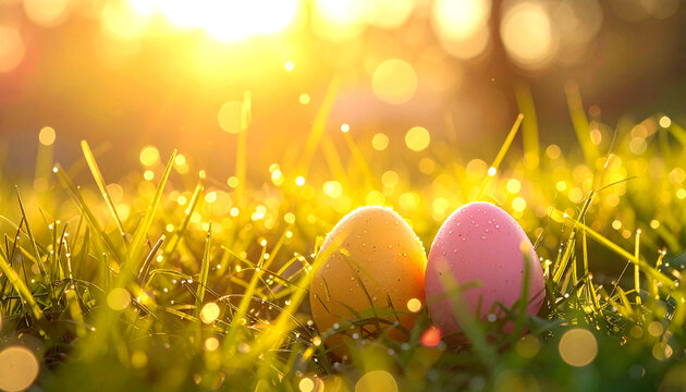 Colorful easter eggs in dewy grass during a golden sunrise