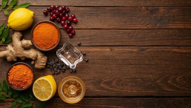 Ingredients for a Healthy Herbal Drink on Wooden Table
