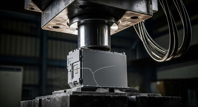 Compression failure of battery pack casing occurs during testing in a workshop setting with visible deformation and cracking at 2023 event